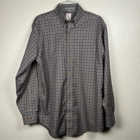 Brooks Brothers Sz Mens M Non-Iron Supima Brown Plaid Button-Down Long-Sleeve - Picture 2 of 10